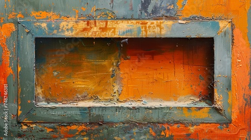 Recurso gráfico de un marco de hierro oxidado sobre un fondo de pintura vieja y desgastada, con espacio para texto.