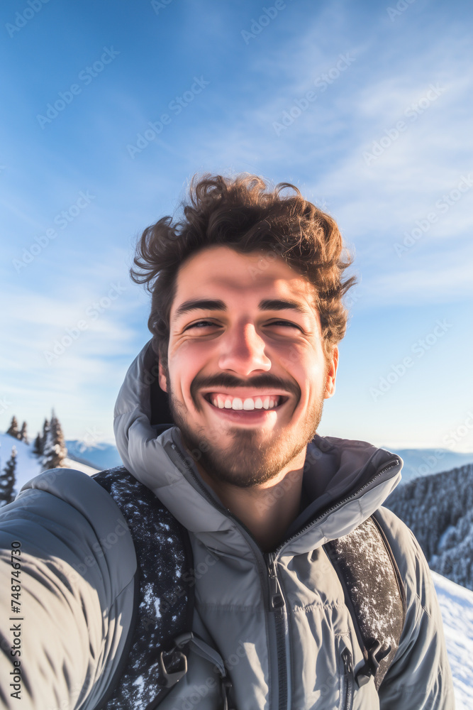 Young happy man taking selfie on a snowy mountain Young happy man taking selfie on a snowy mountain