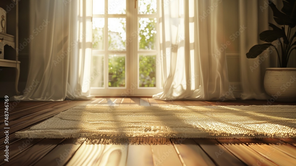 Peaceful morning scene with sunlight streaming through sheer curtains Peaceful morning scene with sunlight streaming through sheer curtains