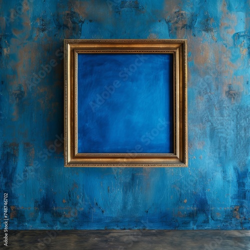 Blue wall, square painting, empty, gold frame.