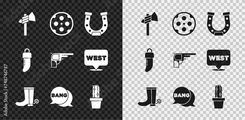 Set Tomahawk axe, Revolver cylinder, Horseshoe, Cowboy boot, Bang boom, gun Comic, Cactus peyote pot, Tooth and icon. Vector