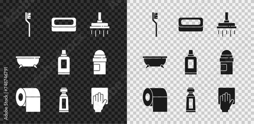Set Toothbrush, Bar of soap, Shower head, Toilet paper roll, Tube toothpaste, Cleaning service, Bathtub and Bottle for cleaning agent icon. Vector