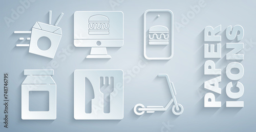 Set Cafe and restaurant location, Online ordering delivery, Scooter, and noodles icon. Vector
