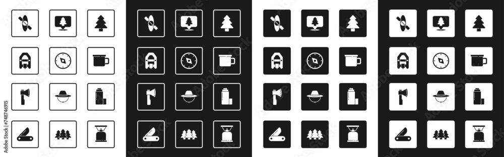 Set Forest, Compass, Rafting boat, Kayak canoe, Camping metal mug, Location of the forest, Thermos container and Wooden axe icon. Vector Set Forest, Compass, Rafting boat, Kayak canoe, Camping metal mug, Location of the forest, Thermos container and Wooden axe icon. Vector