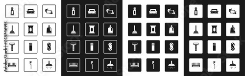 Set Bar of soap, Wet wipe pack, Rubber plunger, Tube toothpaste, Bottle for cleaning agent, Brush, Sponge and Shaving razor icon. Vector