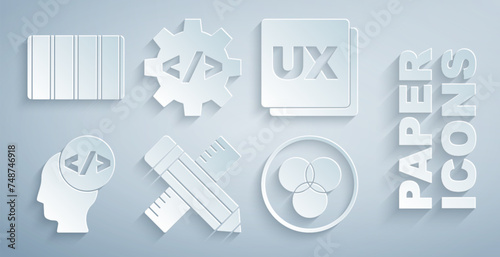 Set Crossed ruler and pencil, UI or UX design, Front end development, RGB CMYK color mixing, and Color palette guide icon. Vector