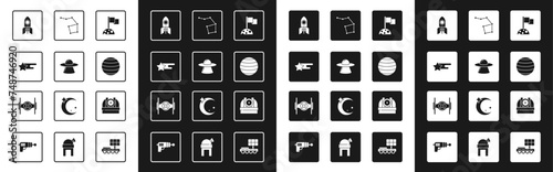 Set Moon with flag, UFO flying spaceship, Falling star, Rocket, Planet Venus, Great Bear constellation, Astronomical observatory and Cosmic icon. Vector