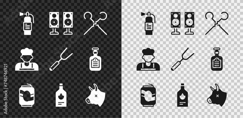 Set Fire extinguisher, Stereo speaker, BBQ skewers, Soda can, Tabasco sauce, Cow head, Cook and Barbecue fork icon. Vector