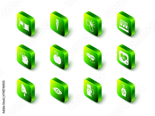 Set Medical thermometer, Joint pain, knee pain, Test tube with blood, Heart rate, Liquid antibacterial soap, Herpes lip, Abdominal bloating and Reddish eye icon. Vector