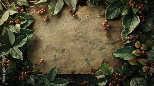 Recurso gráfico de un marco de hojas y flores con fondo de papel viejo y arrugado, con espacio para texto. photo