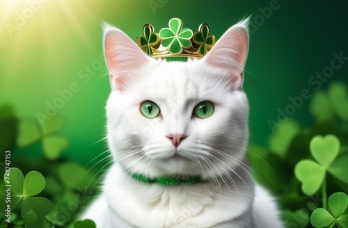 Majestic portrait of a white cat wearing a clover-shaped crown, surrounded by clover leaves on a vibrant green background, perfect for St. Patrick's Day celebrations. photo