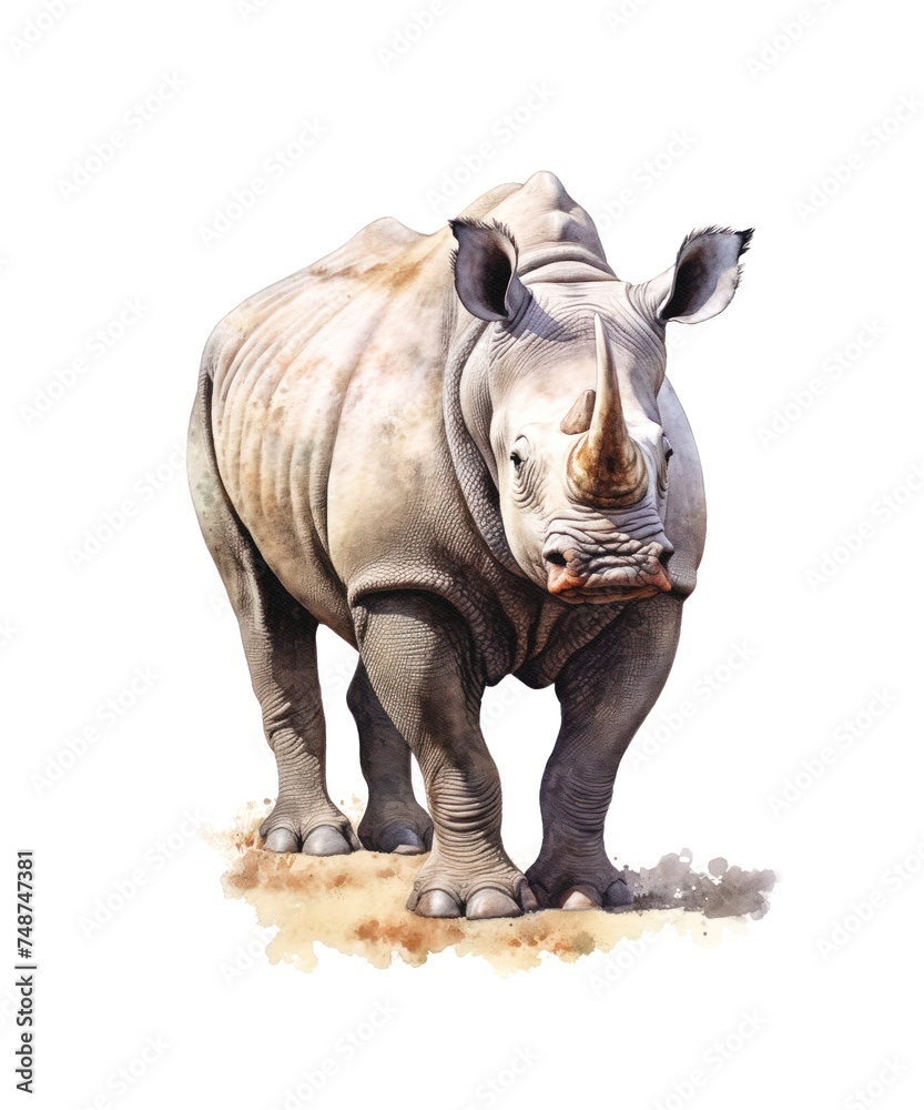 Fototapeta premium Watercolor illustration of a rhinoceros isolated on white background.