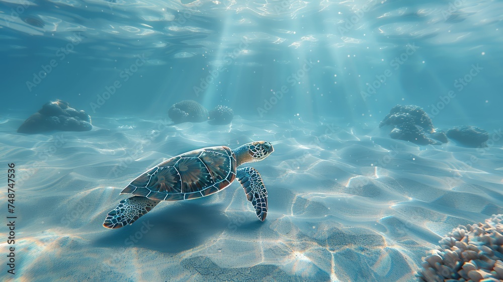Obraz premium Serene underwater scene with a sea turtle gliding over coral reefs in sunlit waters