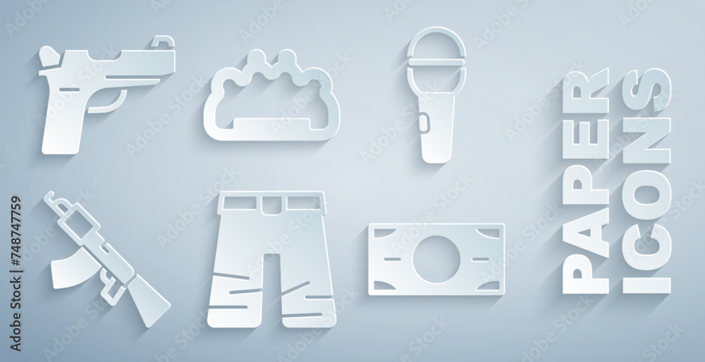 Set Wide pants, Microphone, Submachine gun, Stacks paper money cash, Brass knuckles and Pistol or icon. Vector Set Wide pants, Microphone, Submachine gun, Stacks paper money cash, Brass knuckles and Pistol or icon. Vector