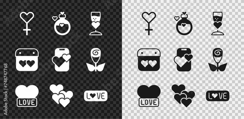 Set Female gender symbol, Bottle with love potion, Glass of champagne, Heart, Love text, Calendar heart and Dating app online mobile icon. Vector