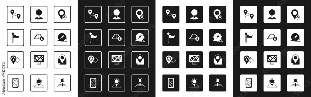 Set Location with house, Toll road traffic, Flag, Route location, Push pin, Folded map marker and icon. Vector Set Location with house, Toll road traffic, Flag, Route location, Push pin, Folded map marker and icon. Vector