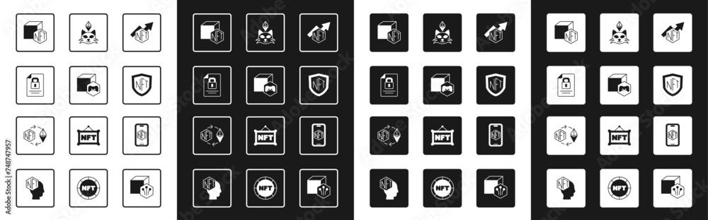 Set NFT growth bar chart, Digital crypto, Document and lock, shield, Mobile with store app and Ethereum exchange icon. Vector Set NFT growth bar chart, Digital crypto, Document and lock, shield, Mobile with store app and Ethereum exchange icon. Vector