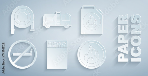 Set Open matchbox and matches, Canister for flammable liquids, No Smoking, Fire flame, truck and hose reel icon. Vector