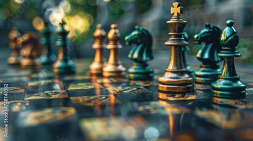 A chessboard with pieces representing different aspects of green finance and blockchain technology.