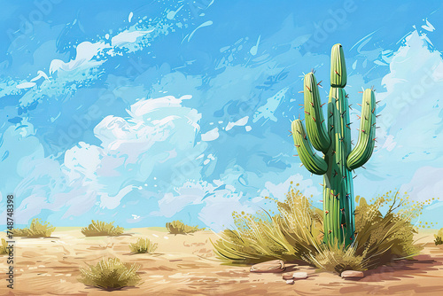 A lone cactus standing tall amidst the sandy desert terrain under blue sky background. 