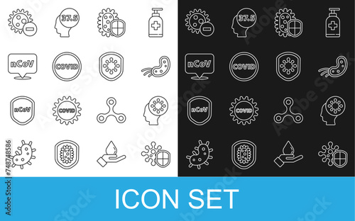 Set line Shield protecting from virus, Human and, Virus, Corona covid-19, 2019-nCoV location, Negative and icon. Vector