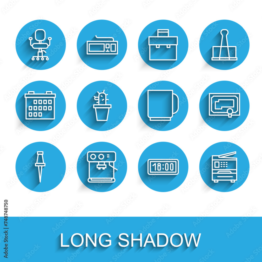Set line Push pin, Coffee machine, Office chair, Digital alarm clock, Printer, Cactus and succulent pot, Certificate template and cup icon. Vector Set line Push pin, Coffee machine, Office chair, Digital alarm clock, Printer, Cactus and succulent pot, Certificate template and cup icon. Vector