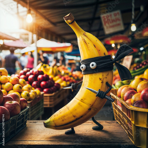 A banana is dressed as a ninja with a blindfold, a black headband, and a samurai sword. It stands in front of a fruit market with apples and other fruits © sidra_creations