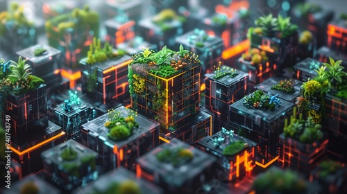 A conceptual image of a blockchain, with each block containing a vivid ecosystem or city, symbolizing decentralized finance (DeFi) platforms.