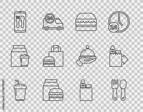 Set line Coffee cup to go, Fork and spoon, Burger, Online ordering burger delivery, Shopping bag food and icon. Vector