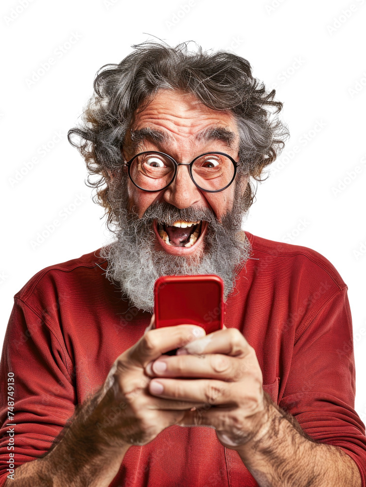 Mature man watching mobile phone surprise and laughing Mature man watching mobile phone surprise and laughing