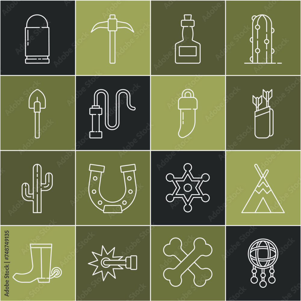 Set line Dream catcher with feathers, Indian teepee or wigwam, Quiver arrows, Tabasco sauce, Leather whip, Shovel, Bullet and Tooth icon. Vector Set line Dream catcher with feathers, Indian teepee or wigwam, Quiver arrows, Tabasco sauce, Leather whip, Shovel, Bullet and Tooth icon. Vector