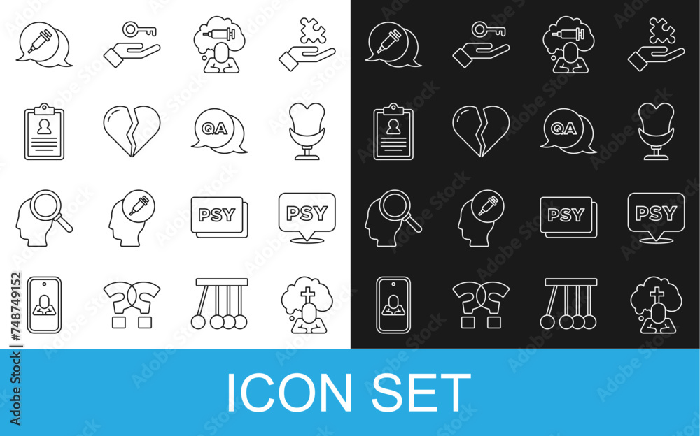 Set line Man graves funeral sorrow, Psychology, Psi, Armchair, Addiction to the drug, Broken heart divorce, Medical clipboard, and Question and Answer icon. Vector