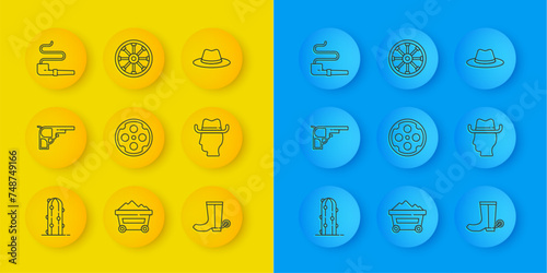 Set line Cactus, Revolver gun, cylinder, Cowboy boot, Smoking pipe, Western cowboy hat and Old wooden wheel icon. Vector