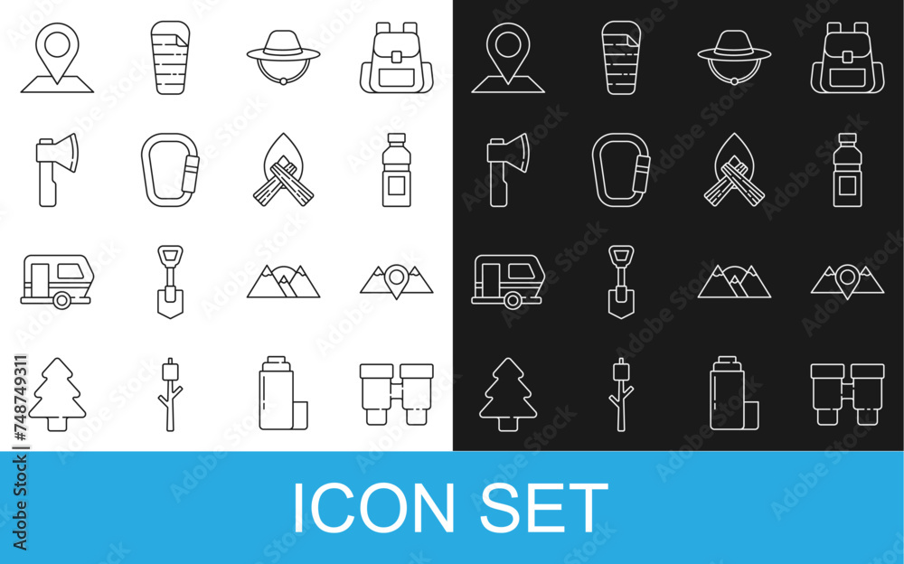 Set line Binoculars, Location mountains, Bottle of water, Camping hat, Carabiner, Wooden axe, and Campfire icon. Vector