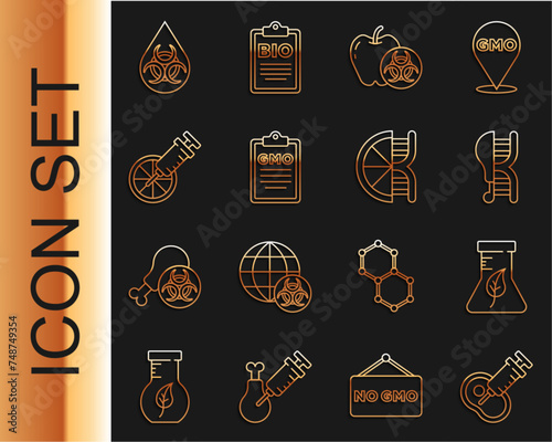 Set line Genetically modified meat, Test tube and flask, chicken, apple, GMO, orange, and icon. Vector