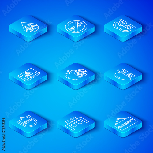 Set line Shield for bio healthy food, Genetically modified apple, Test tube and flask, meat, engineering modification, GMO and No icon. Vector