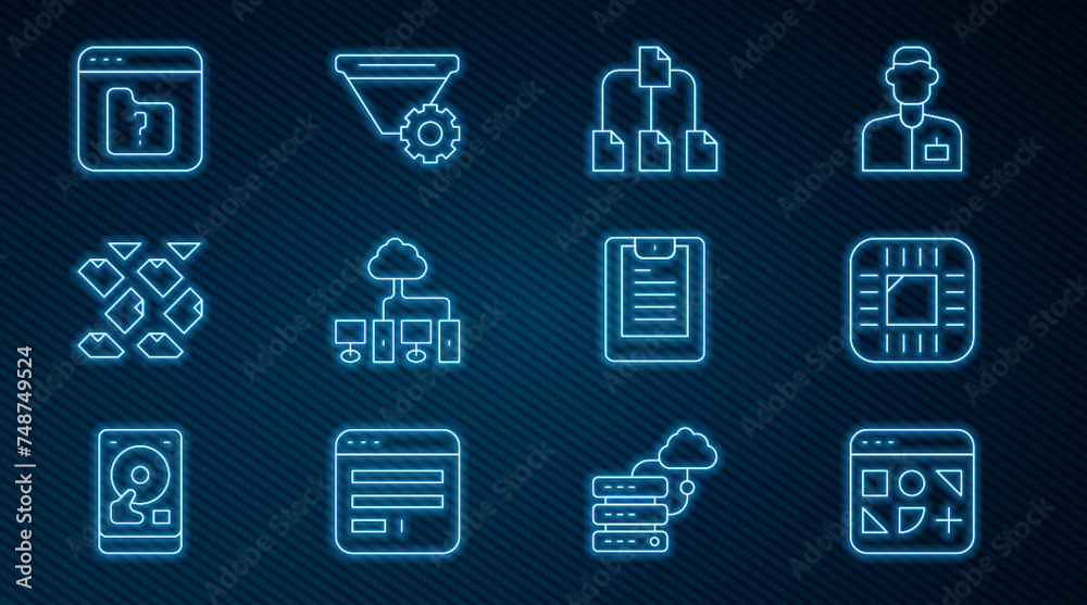 Set line Different files, Processor with CPU, Folder tree, Computer network, Data stream, File missing, Server, report and Filter setting icon. Vector Set line Different files, Processor with CPU, Folder tree, Computer network, Data stream, File missing, Server, report and Filter setting icon. Vector