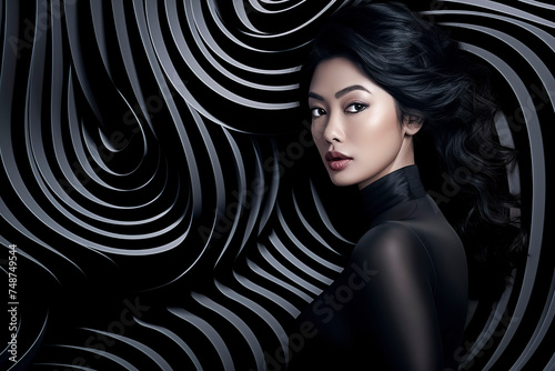 woman surrounded by dynamic black and white swirling patterns, creating a hypnotic visual effect, ai generative