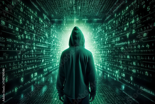person in a hoodie stands before a digital wall of glowing green alphanumeric characters, creating a mysterious atmosphere, ai generative