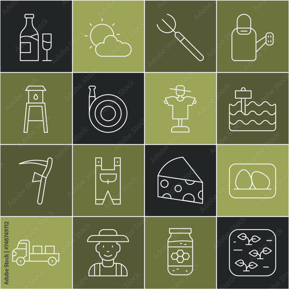 Set line Plant, Chicken egg, Garden bed, pitchfork, hose, Water tower, Wine bottle with glass and Scarecrow icon. Vector Set line Plant, Chicken egg, Garden bed, pitchfork, hose, Water tower, Wine bottle with glass and Scarecrow icon. Vector