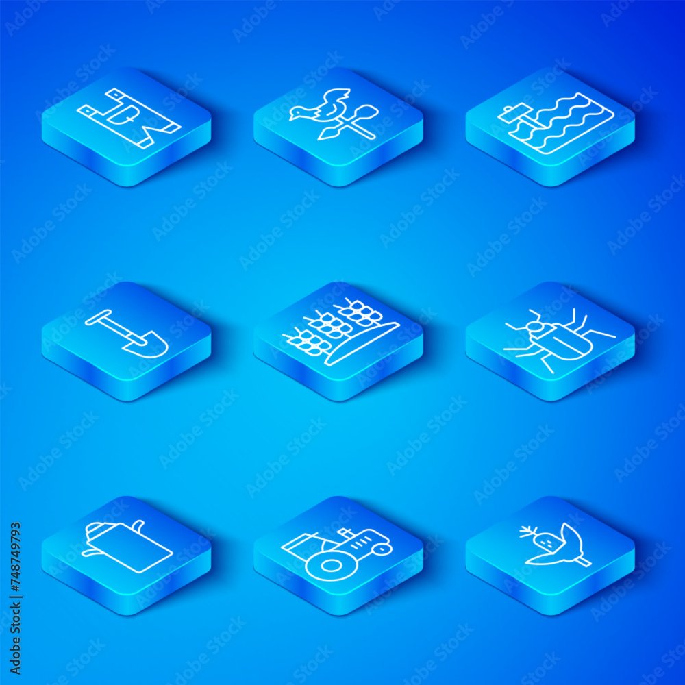 Set line Can container for milk, Wheat, Tractor, Insect fly, Garden bed, Shovel, worker clothes and Corn icon. Vector