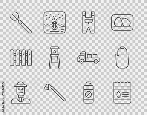 Set line Scarecrow, Pack full of seeds of plant, Garden worker clothes, hoe, pitchfork, Water tower, sprayer fertilizer and Bucket icon. Vector