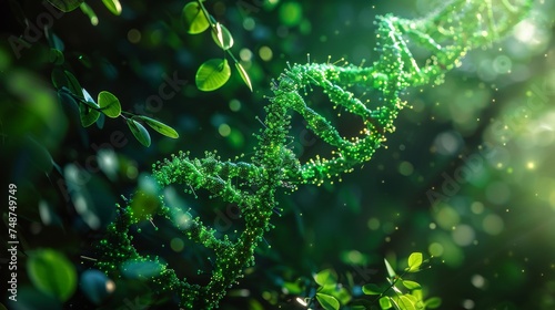 A digital DNA strand intertwined with green vines, symbolizing the evolution of finance. © Exnoi