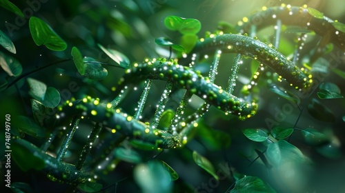 A digital DNA strand intertwined with green vines, symbolizing the evolution of finance.