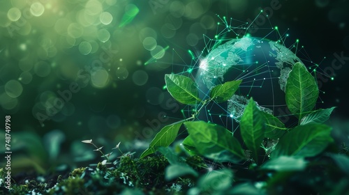 A digital globe sprouting green leaves, symbolizing global sustainability efforts powered by blockchain technology.