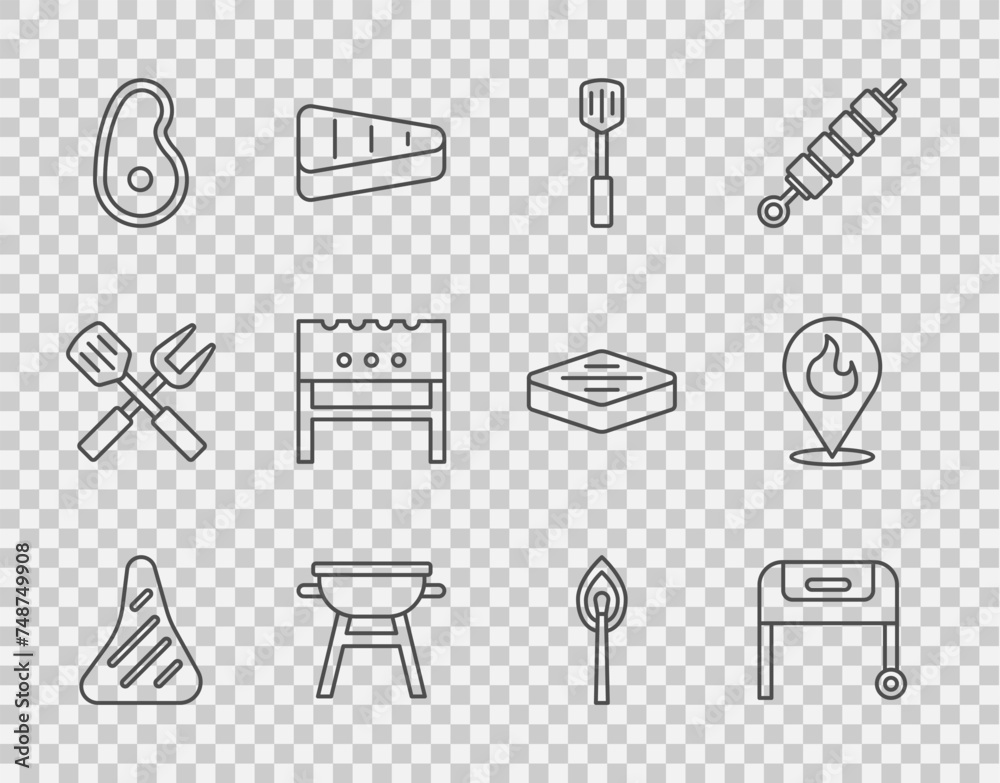 Set line Steak meat, Barbecue grill, spatula, BBQ brazier, Burning match with fire and Location flame icon. Vector Set line Steak meat, Barbecue grill, spatula, BBQ brazier, Burning match with fire and Location flame icon. Vector