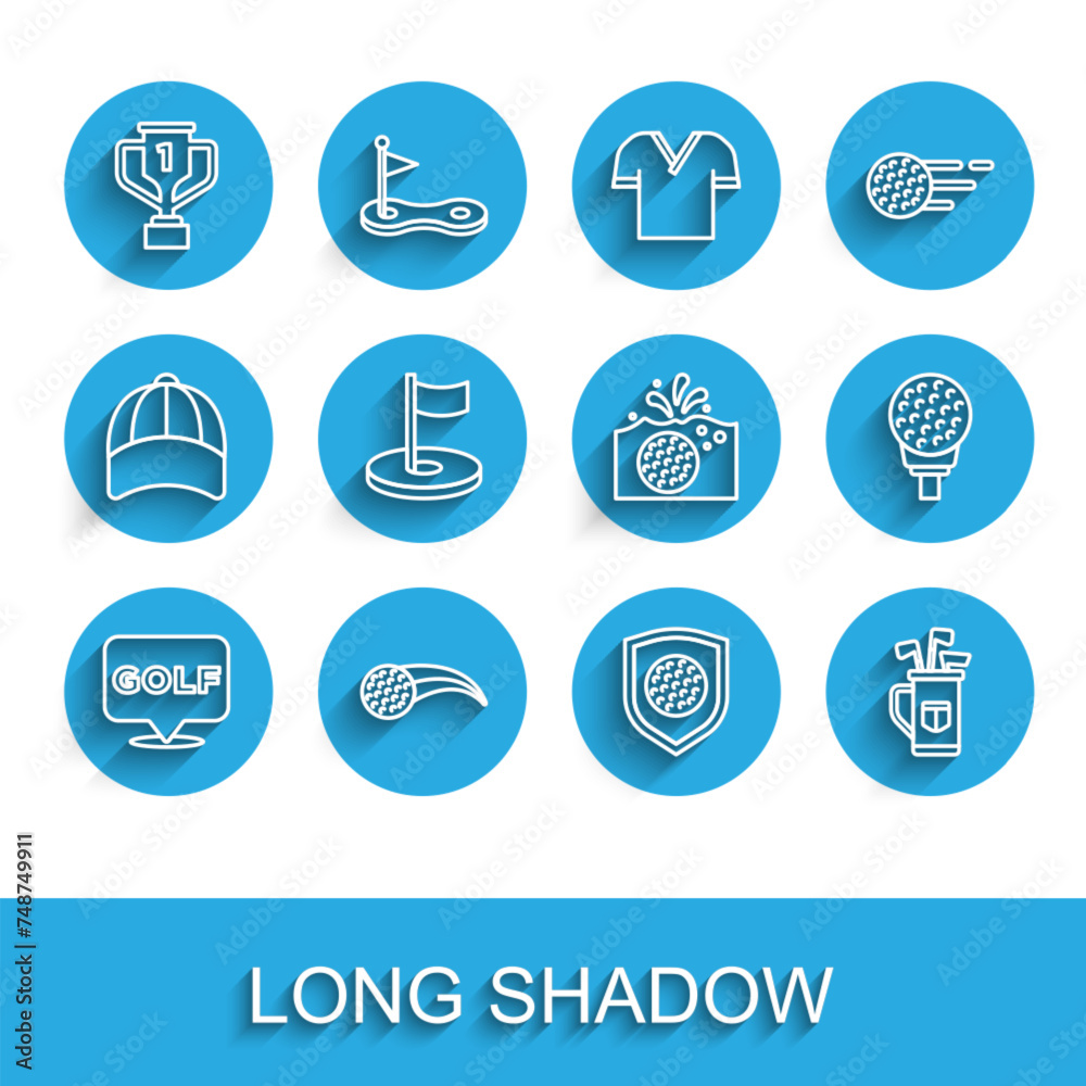 Set line Golf label, ball, Award cup with golf, shield, bag clubs, hole flag, on tee and in water icon. Vector Set line Golf label, ball, Award cup with golf, shield, bag clubs, hole flag, on tee and in water icon. Vector