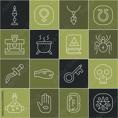 Set line Pentagram in a circle, Skull, Spider, Necklace with crystal, Witch cauldron, Bottle potion, Burning candle and Ancient magic book icon. Vector