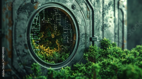 A digital lock opening to reveal a green, flourishing world inside.