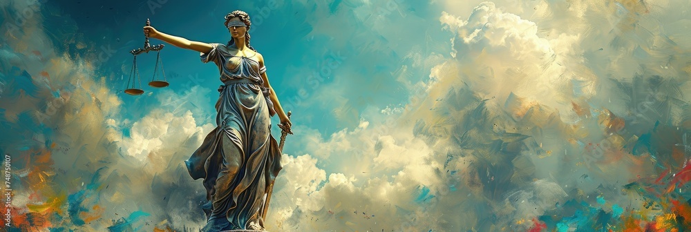 Statue of justice on blue sky background. Panoramic banner - obrazy, fototapety, plakaty 